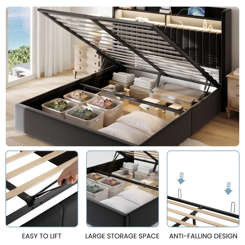 Hydraulic Lift up Storage Upholstered Platform Wingback LED Bed with 2-Tier Shelves and Charging Station