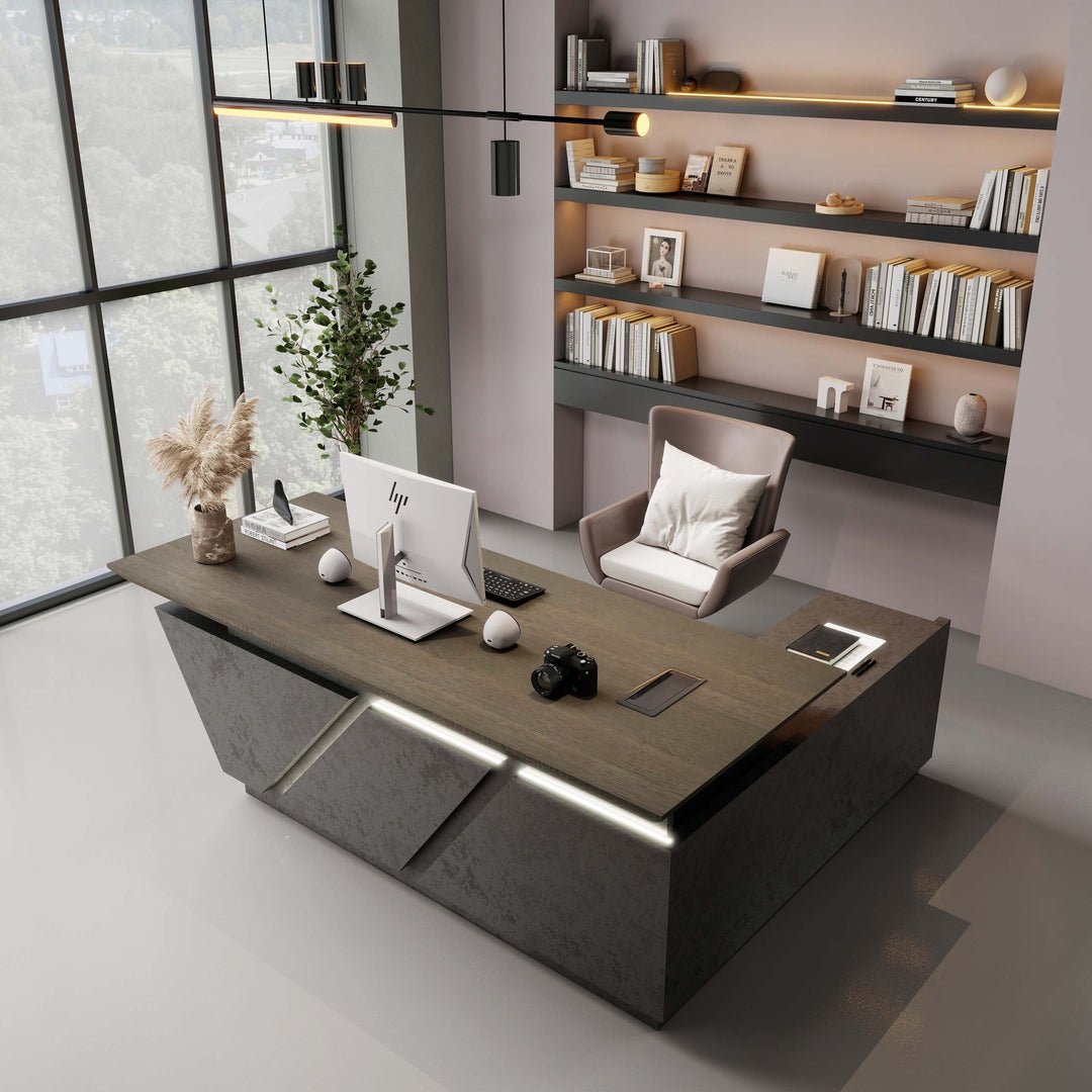 WESOME Adjustable Height L Shaped Executive Desk with Outlet Cabinets Cable Management