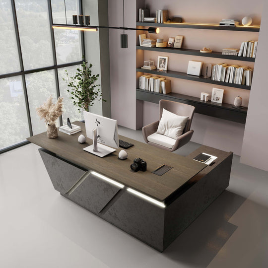 WESOME Adjustable Height L Shaped Executive Desk with Outlet Cabinets Cable Management