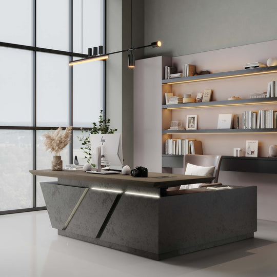 WESOME Adjustable Height L Shaped Executive Desk with Outlet Cabinets Cable Management