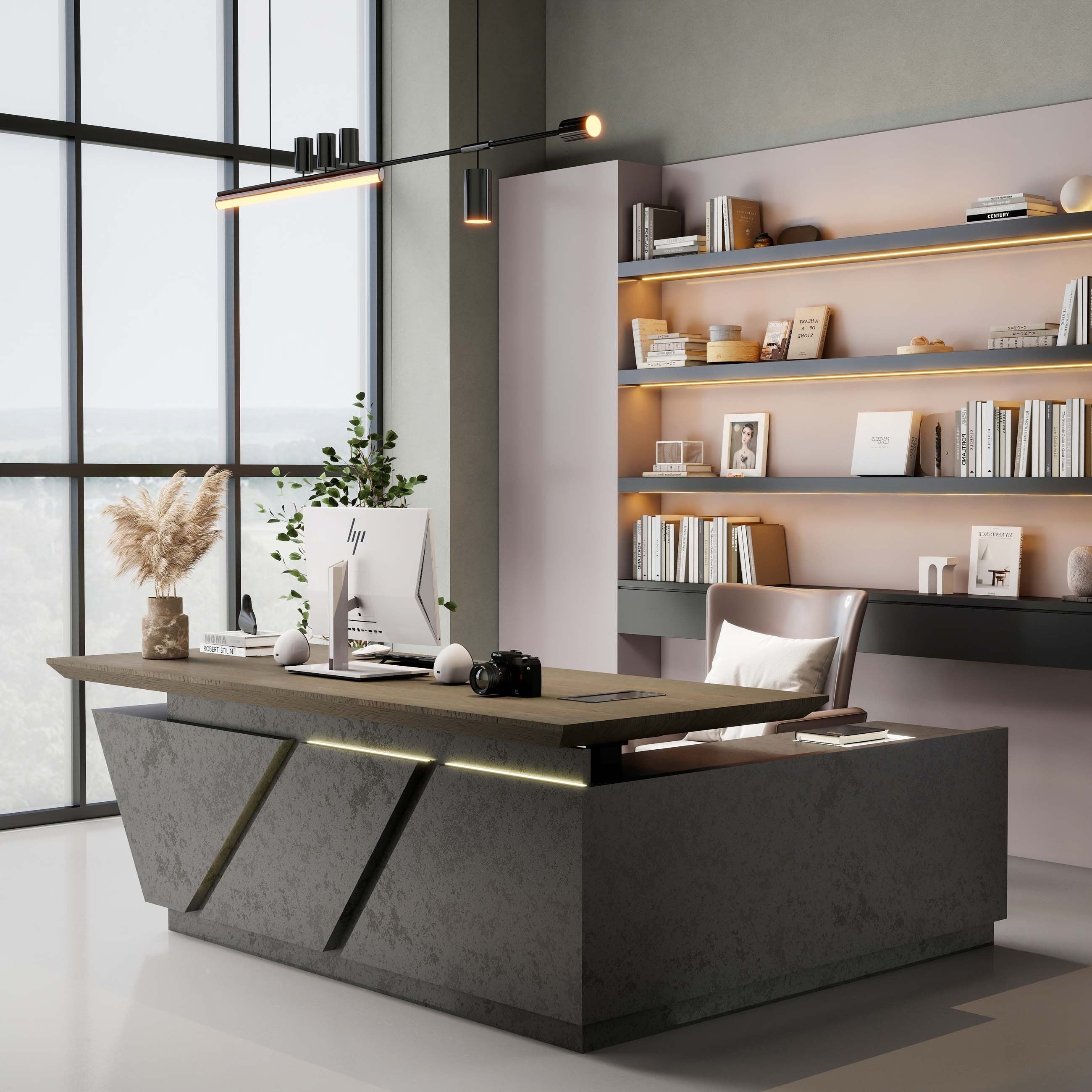 WESOME Adjustable Height L Shaped Executive Desk with Outlet Cabinets Cable Management