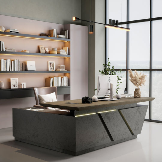 WESOME Adjustable Height L Shaped Executive Desk with Outlet Cabinets Cable Management