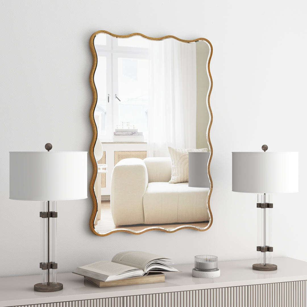 Antique Gold Wall Mirror Rectangle Wave Metal Accent Mirror - 30"×20"