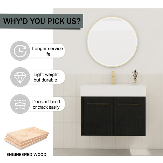 Bathroom Vanity with Sink in 24/30/36 Inch, Floating Bathroom Vanity with Soft Close Door