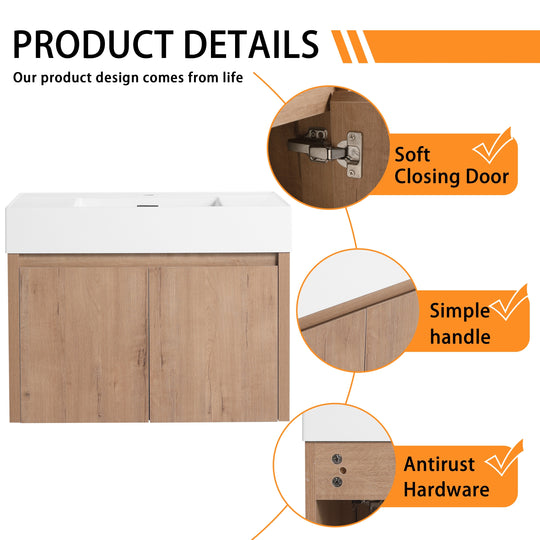 Bathroom Vanity with Sink in 24/30/36 Inch, Floating Bathroom Vanity with Soft Close Door