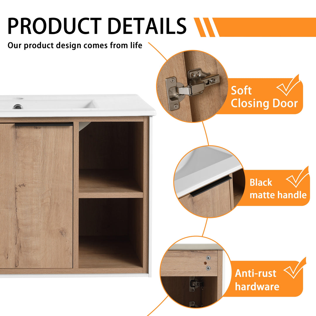 Bathroom Vanity with Sink in 24/30 Inch, Floating Bathroom Vanity with Soft Close Door