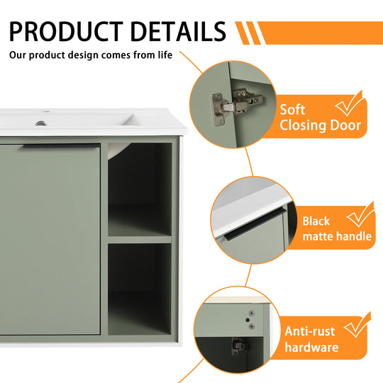 Bathroom Vanity with Sink in 24/30 Inch, Floating Bathroom Vanity with Soft Close Door