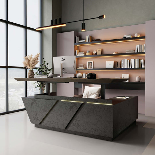 WESOME Adjustable Height L Shaped Executive Desk with Outlet Cabinets Cable Management