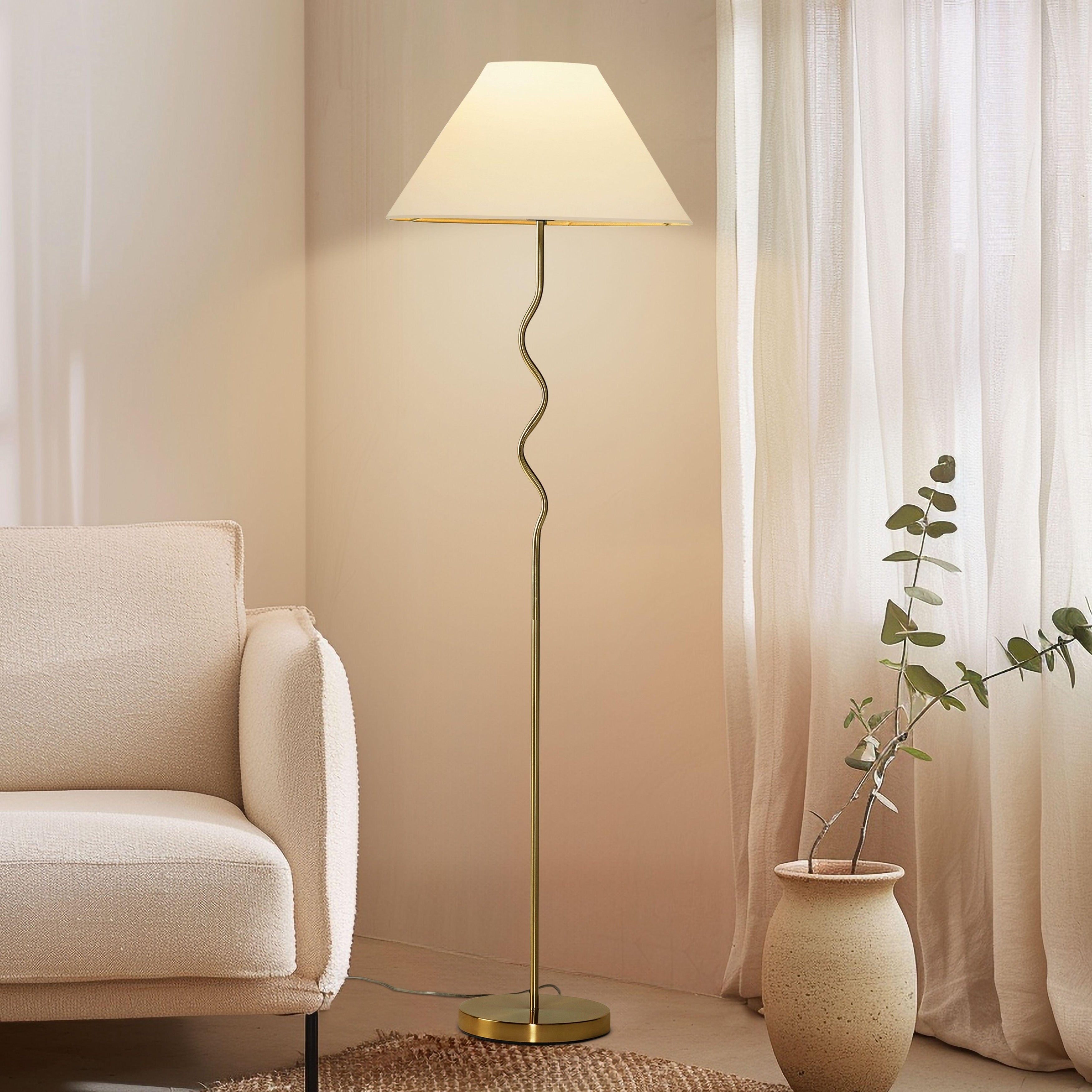 Squiggle Floor 62.13 In. Antiqued Brass Contemporary Ambient Standing Column Floor Lamp with Ivory Fabric Empire Shade