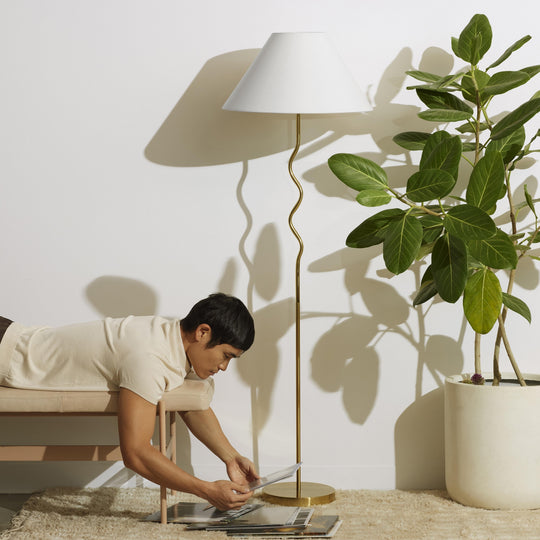 Squiggle Floor 62.13 In. Antiqued Brass Contemporary Ambient Standing Column Floor Lamp with Ivory Fabric Empire Shade