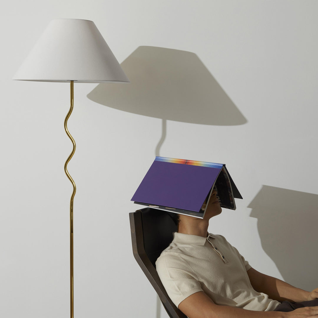 Squiggle Floor 62.13 In. Antiqued Brass Contemporary Ambient Standing Column Floor Lamp with Ivory Fabric Empire Shade
