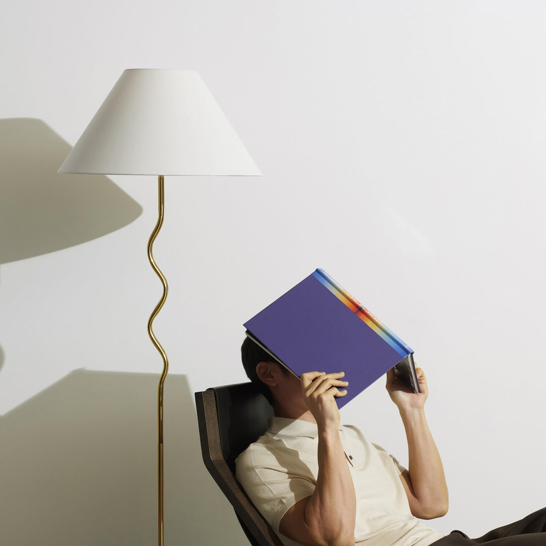Squiggle Floor 62.13 In. Antiqued Brass Contemporary Ambient Standing Column Floor Lamp with Ivory Fabric Empire Shade