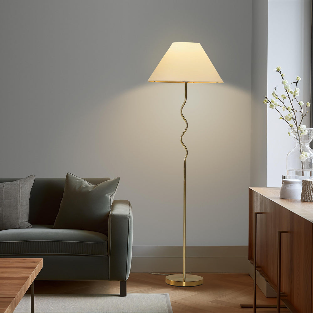 Squiggle Floor 62.13 In. Antiqued Brass Contemporary Ambient Standing Column Floor Lamp with Ivory Fabric Empire Shade