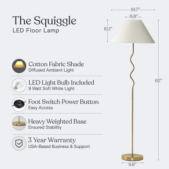Squiggle Floor 62.13 In. Antiqued Brass Contemporary Ambient Standing Column Floor Lamp with Ivory Fabric Empire Shade