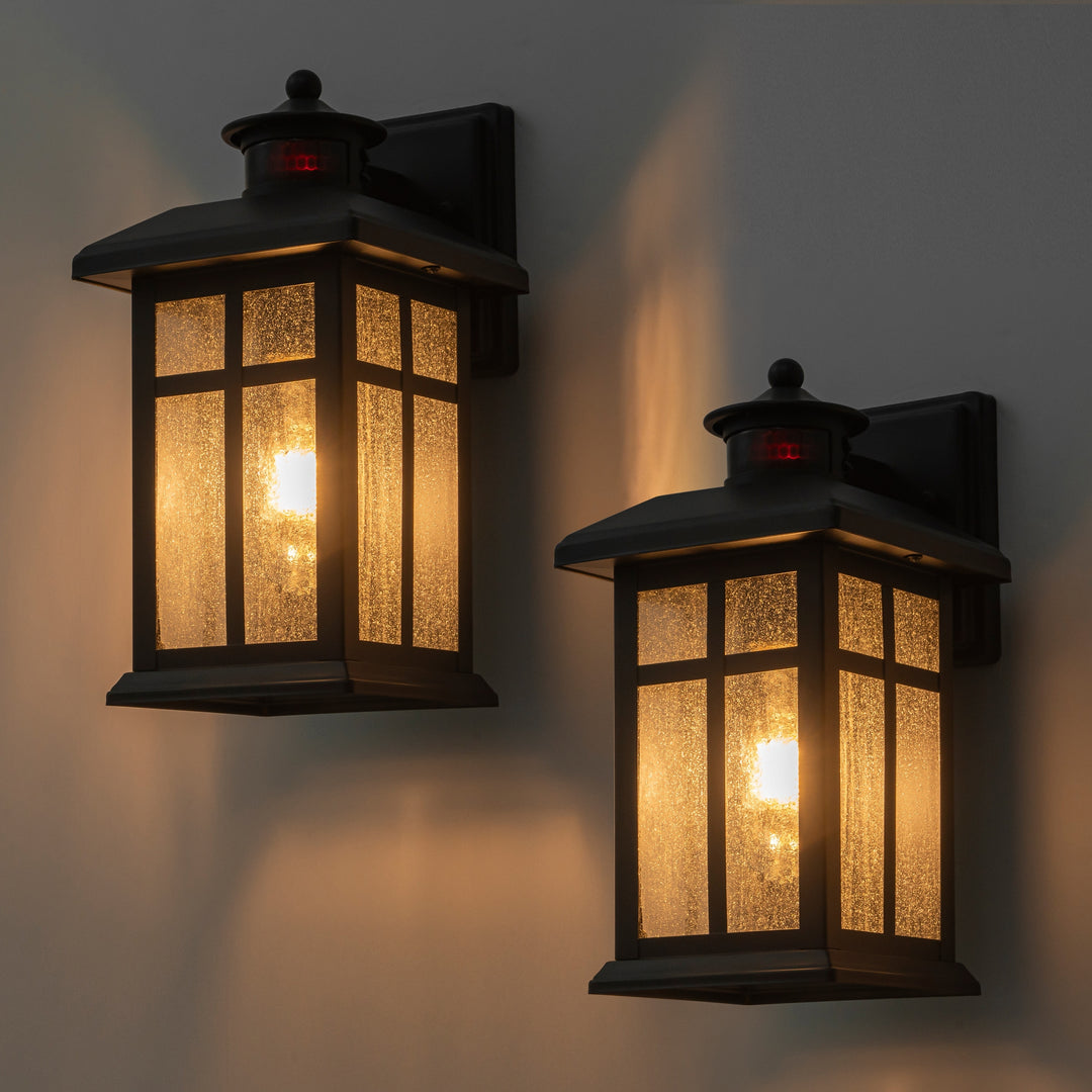 2 Pack Motion Sensor Dusk to Dawn Outdoor Wall Lantern Sconce with Seeded Glass