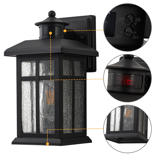 2 Pack Motion Sensor Dusk to Dawn Outdoor Wall Lantern Sconce with Seeded Glass