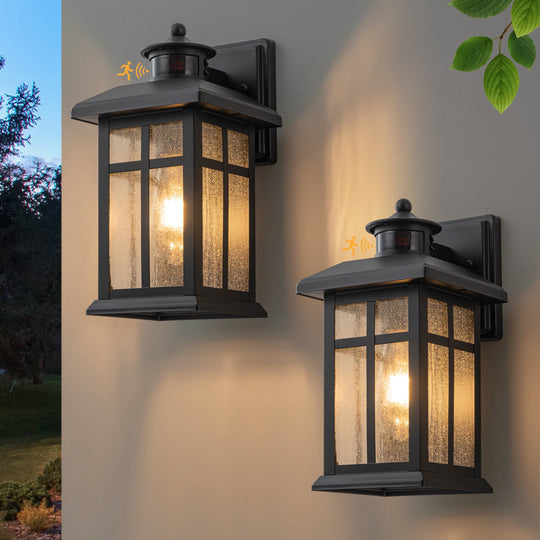 2 Pack Motion Sensor Dusk to Dawn Outdoor Wall Lantern Sconce with Seeded Glass