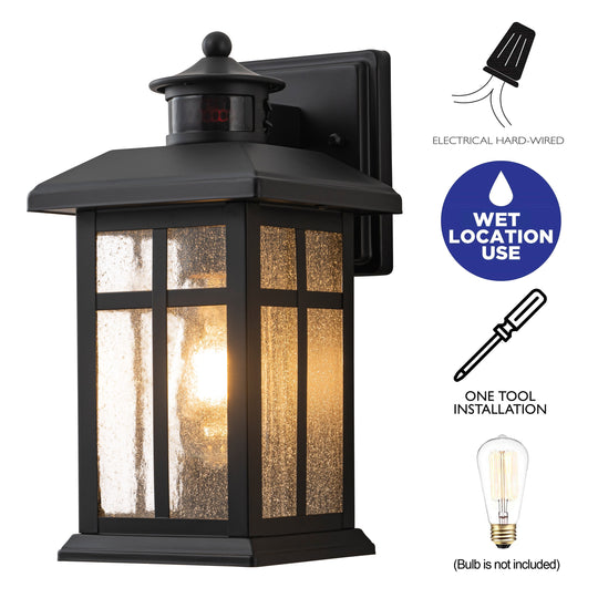 2 Pack Motion Sensor Dusk to Dawn Outdoor Wall Lantern Sconce with Seeded Glass