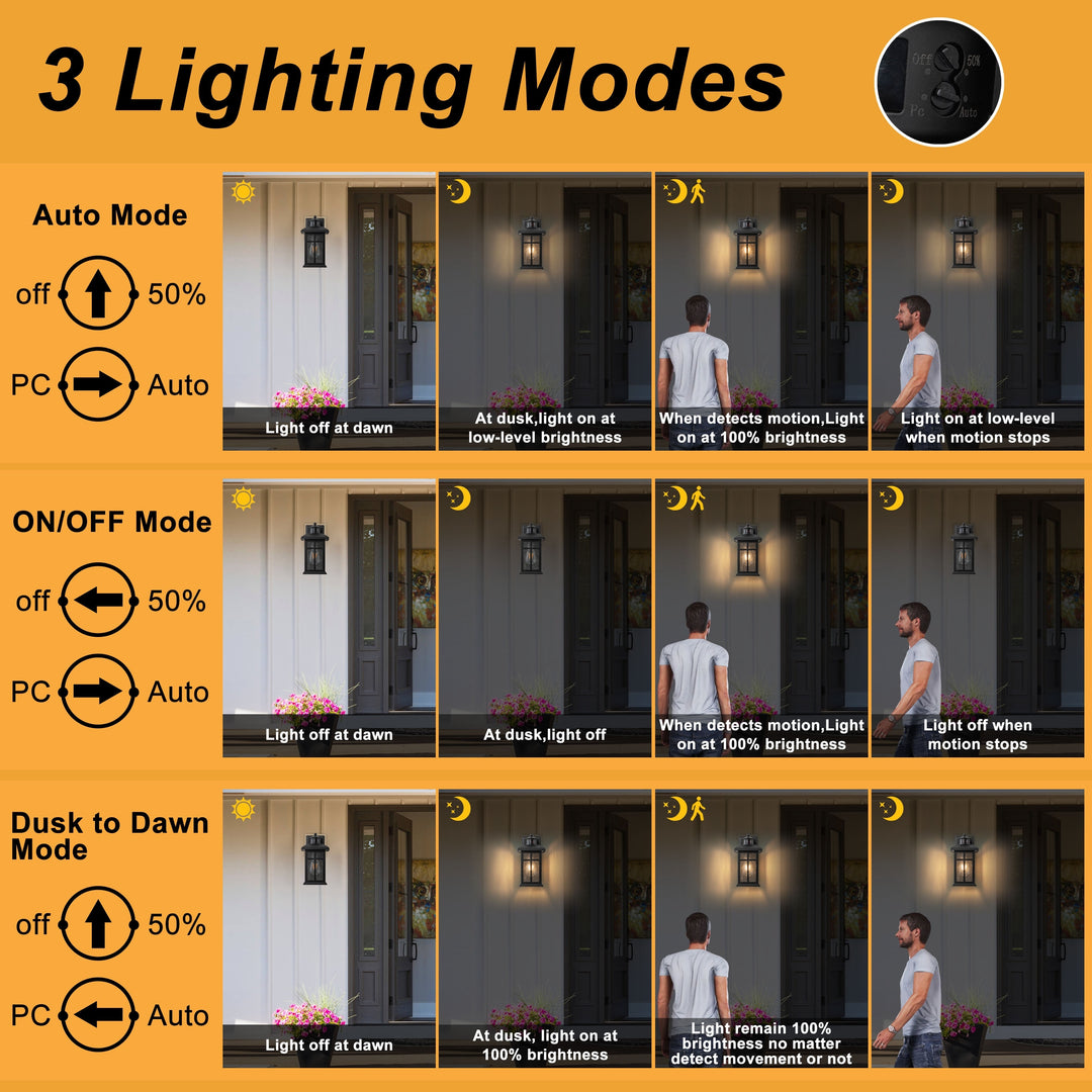 2 Pack Motion Sensor Dusk to Dawn Outdoor Wall Lantern Sconce with Seeded Glass
