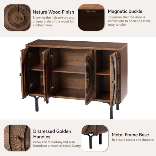 Farmhouse 4-Door Storage Cabinet, 6-Drawer Dresser, Sideboard Buffet with Circle Pattern and Radioactive Wood Lines