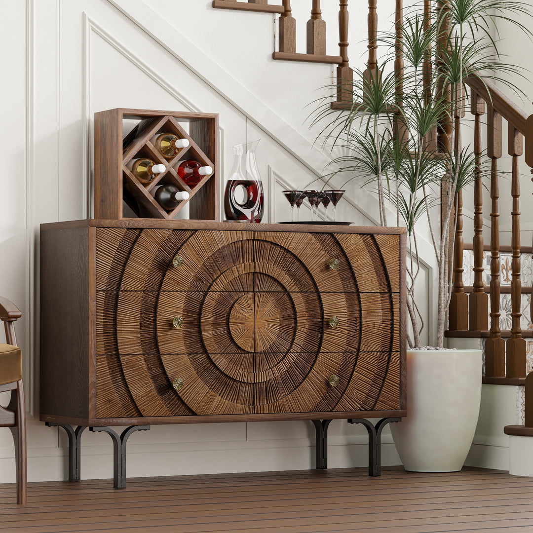 Farmhouse 4-Door Storage Cabinet, 6-Drawer Dresser, Sideboard Buffet with Circle Pattern and Radioactive Wood Lines