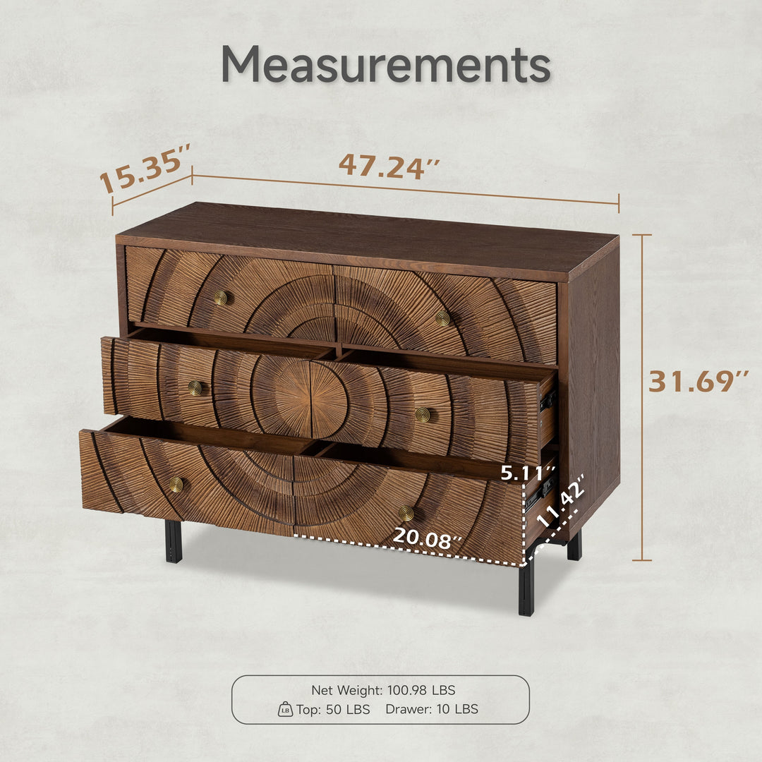 Farmhouse 4-Door Storage Cabinet, 6-Drawer Dresser, Sideboard Buffet with Circle Pattern and Radioactive Wood Lines
