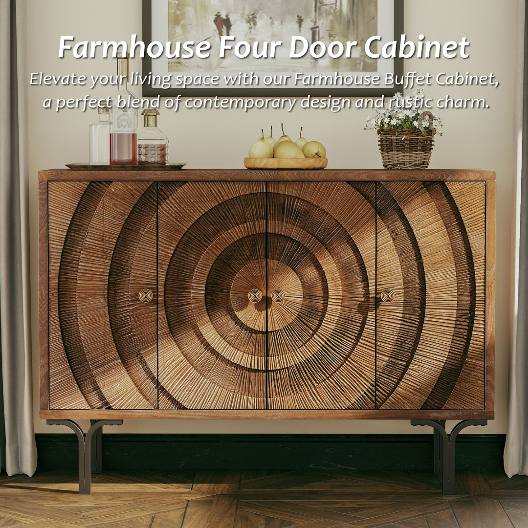 Farmhouse 4-Door Storage Cabinet, 6-Drawer Dresser, Sideboard Buffet with Circle Pattern and Radioactive Wood Lines