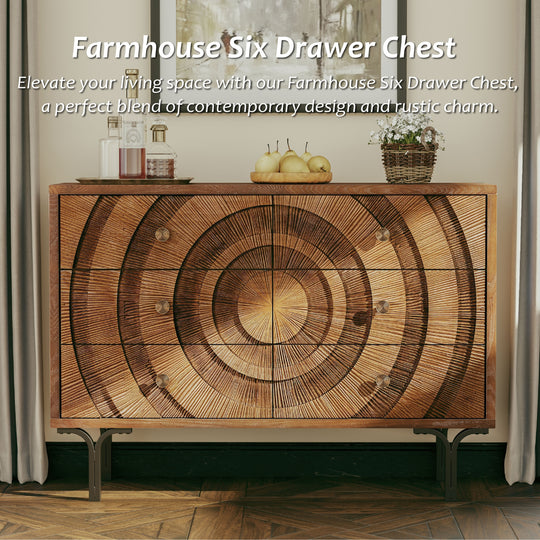 Farmhouse 4-Door Storage Cabinet, 6-Drawer Dresser, Sideboard Buffet with Circle Pattern and Radioactive Wood Lines