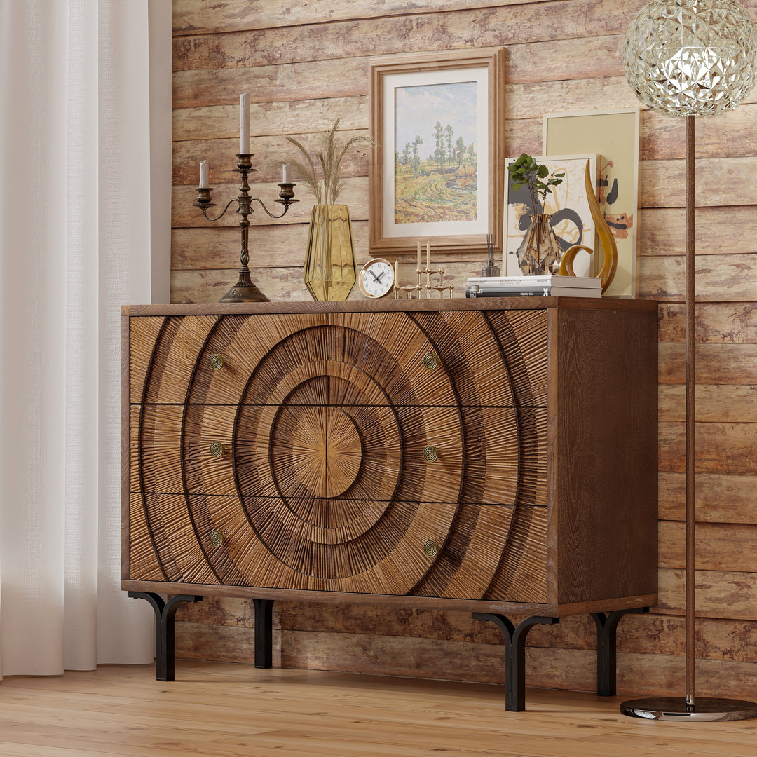 Farmhouse 4-Door Storage Cabinet, 6-Drawer Dresser, Sideboard Buffet with Circle Pattern and Radioactive Wood Lines