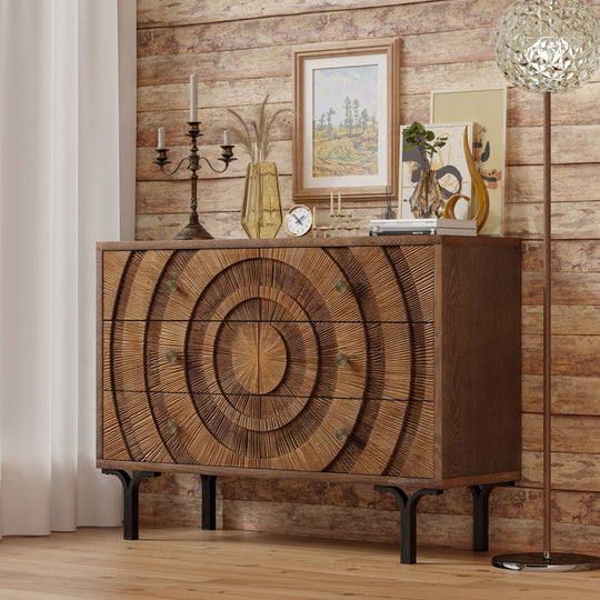 Farmhouse 4-Door Storage Cabinet, 6-Drawer Dresser, Sideboard Buffet with Circle Pattern and Radioactive Wood Lines