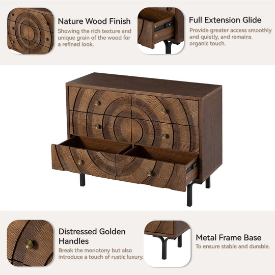 Farmhouse 4-Door Storage Cabinet, 6-Drawer Dresser, Sideboard Buffet with Circle Pattern and Radioactive Wood Lines