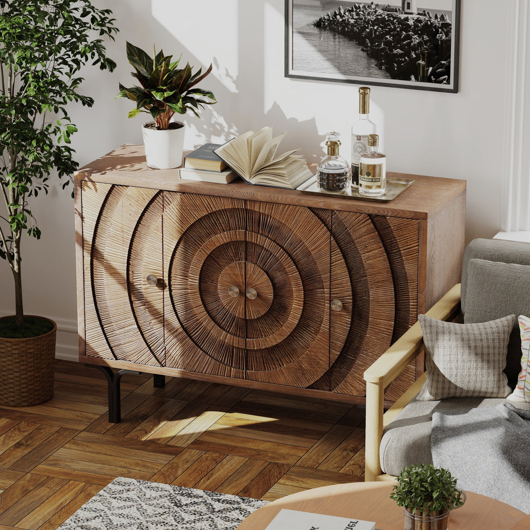 Farmhouse 4-Door Storage Cabinet, 6-Drawer Dresser, Sideboard Buffet with Circle Pattern and Radioactive Wood Lines