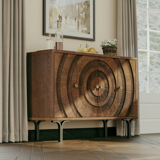 Farmhouse 4-Door Storage Cabinet, 6-Drawer Dresser, Sideboard Buffet with Circle Pattern and Radioactive Wood Lines