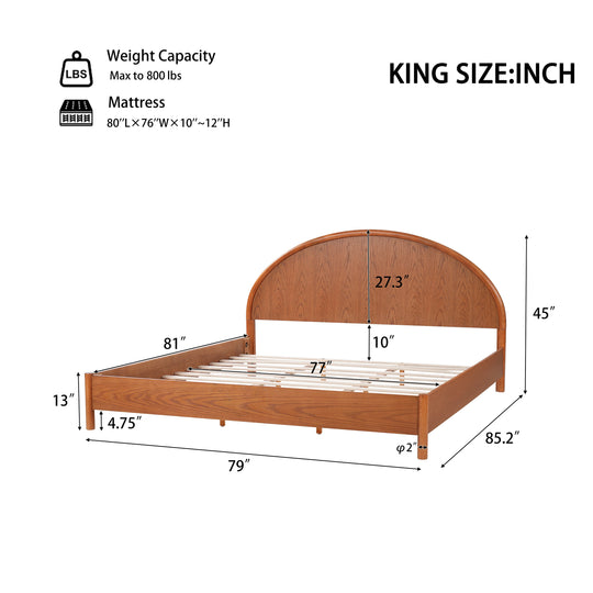 - Arden Mid-Century Modern Wooden Platform Bed with Curved Headboard