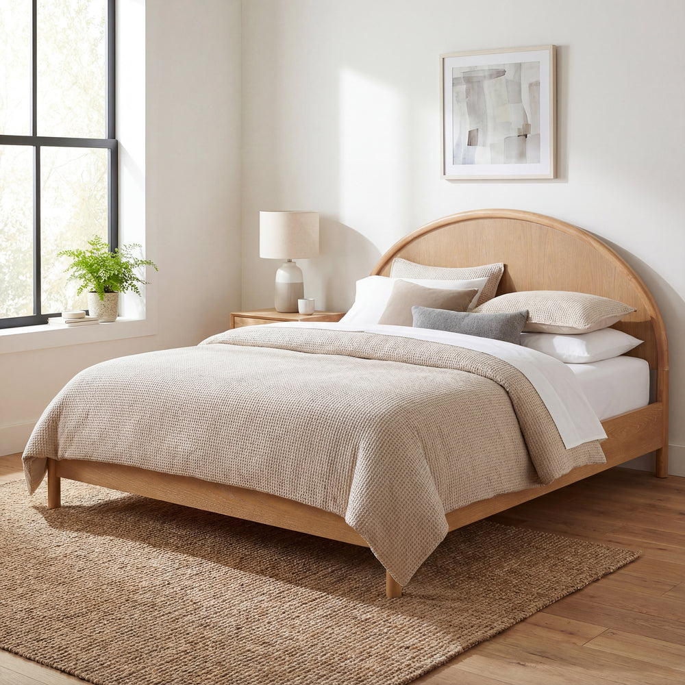- Arden Mid-Century Modern Wooden Platform Bed with Curved Headboard
