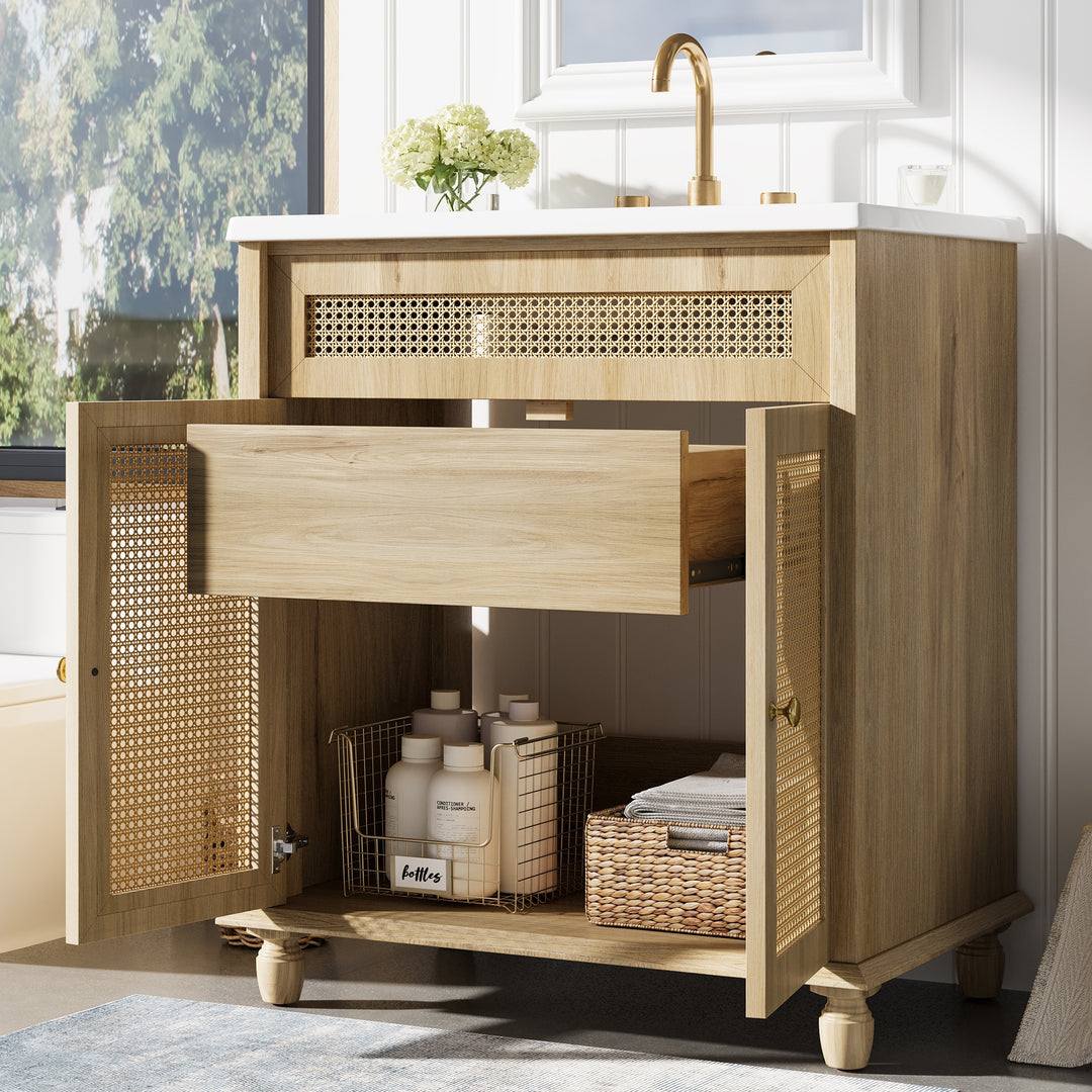 - Hilton 30-Inch Bathroom Vanity: Handwoven Rattan Doors with Wooden Legs & Resin Basin