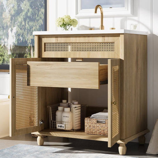 - Hilton 30-Inch Bathroom Vanity: Handwoven Rattan Doors with Wooden Legs & Resin Basin