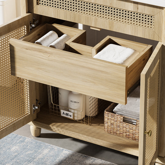 - Hilton 30-Inch Bathroom Vanity: Handwoven Rattan Doors with Wooden Legs & Resin Basin