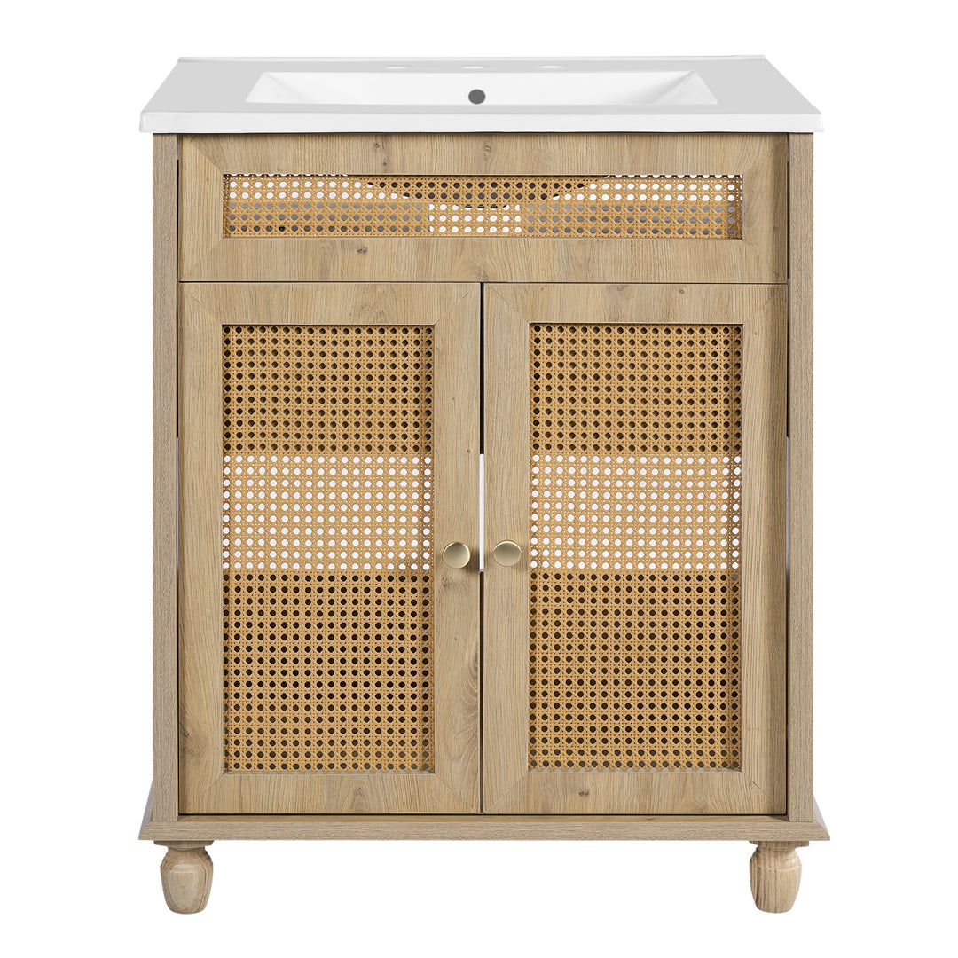 - Hilton 30-Inch Bathroom Vanity: Handwoven Rattan Doors with Wooden Legs & Resin Basin