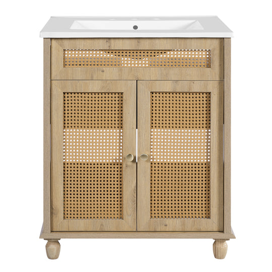 - Hilton 30-Inch Bathroom Vanity: Handwoven Rattan Doors with Wooden Legs & Resin Basin