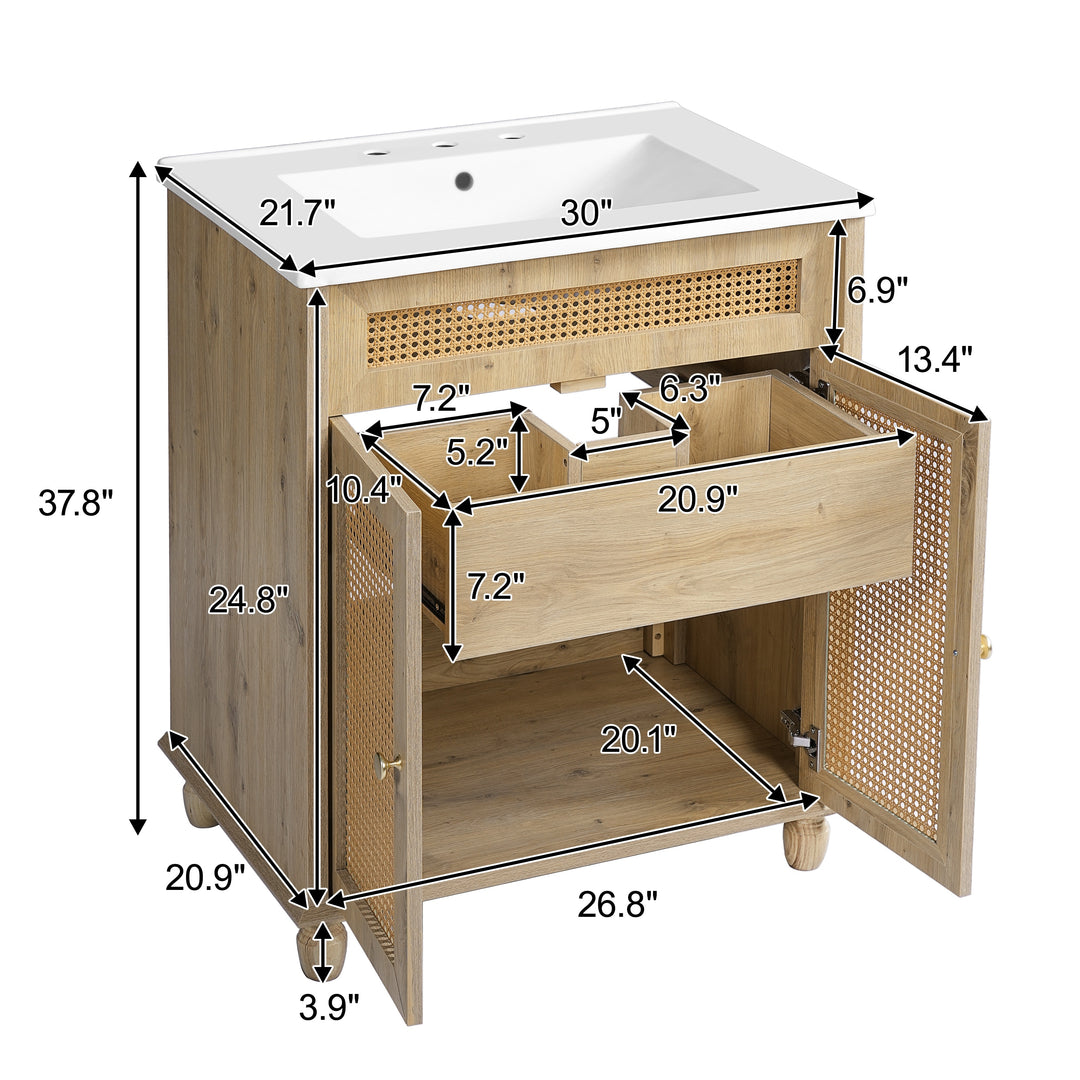 - Hilton 30-Inch Bathroom Vanity: Handwoven Rattan Doors with Wooden Legs & Resin Basin