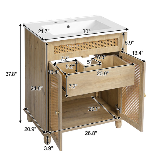 - Hilton 30-Inch Bathroom Vanity: Handwoven Rattan Doors with Wooden Legs & Resin Basin