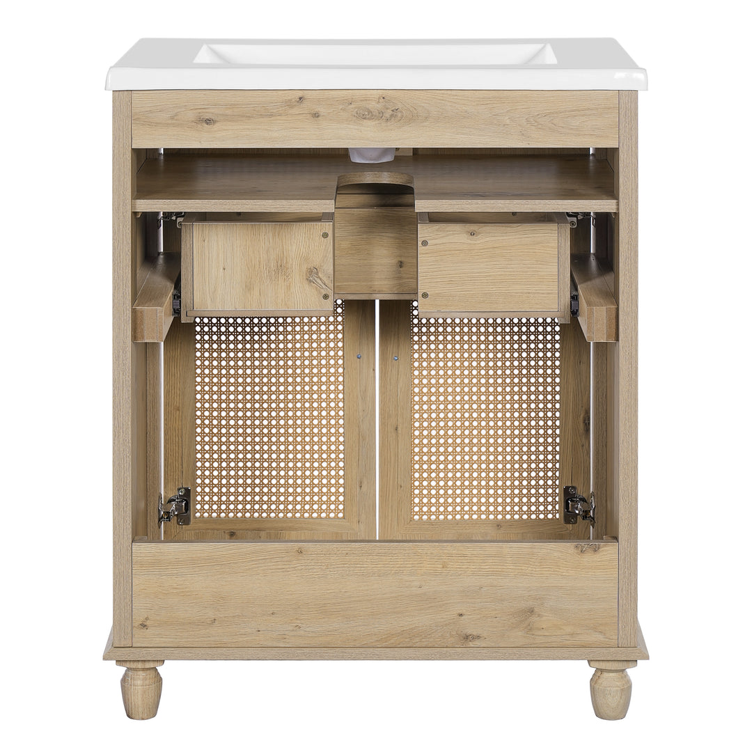 - Hilton 30-Inch Bathroom Vanity: Handwoven Rattan Doors with Wooden Legs & Resin Basin
