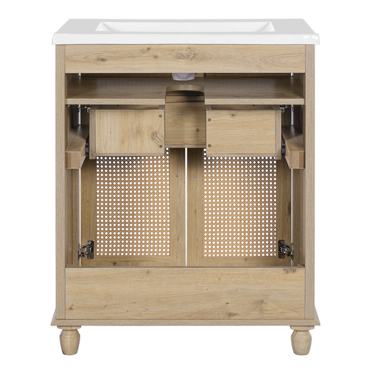 - Hilton 30-Inch Bathroom Vanity: Handwoven Rattan Doors with Wooden Legs & Resin Basin