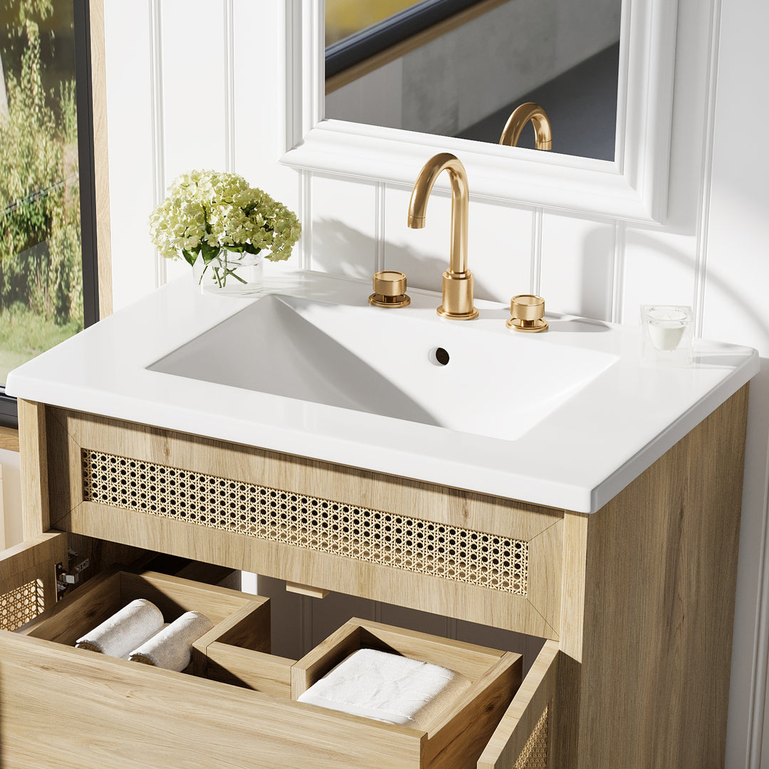 - Hilton 30-Inch Bathroom Vanity: Handwoven Rattan Doors with Wooden Legs & Resin Basin