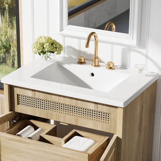 - Hilton 30-Inch Bathroom Vanity: Handwoven Rattan Doors with Wooden Legs & Resin Basin