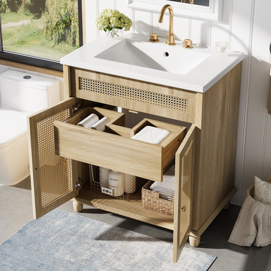 - Hilton 30-Inch Bathroom Vanity: Handwoven Rattan Doors with Wooden Legs & Resin Basin