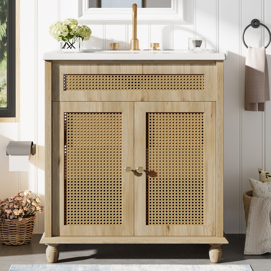 - Hilton 30-Inch Bathroom Vanity: Handwoven Rattan Doors with Wooden Legs & Resin Basin