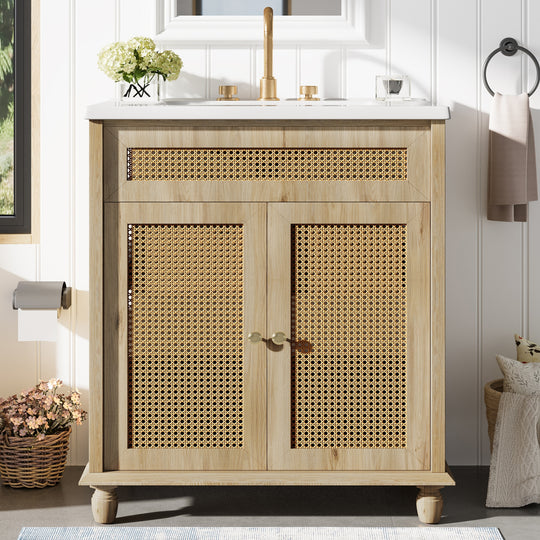 - Hilton 30-Inch Bathroom Vanity: Handwoven Rattan Doors with Wooden Legs & Resin Basin