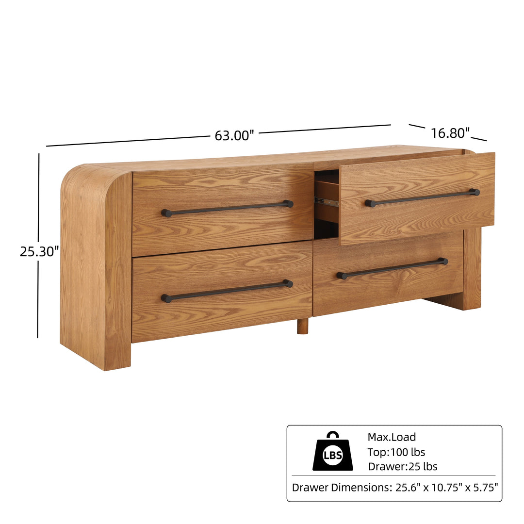 - Nova Contemporary Natural Ash Veneer 4-Drawer Dresser with Sleek Black Handles